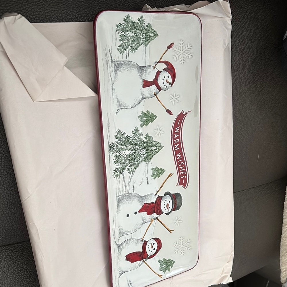 White and Red Holiday Tray with Snowmen and Evergreen Design